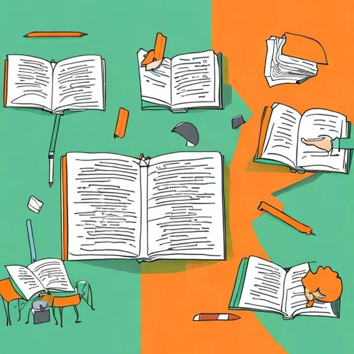 Prompt: illustration about of reading and comprehension test in color green, orange, white, black and blue.

