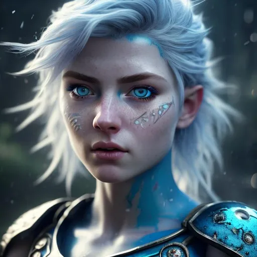 Prompt: scottish female warrior white hair, slate blue eyes closeup half body shot, perfect body, bracelet, queen beautiful body, looking away, utopian, body parts, highly detailed, octane render, cinematic, highly detailed, vibrant, production cinematic character render, ultra high quality model, 8k Ultra HD