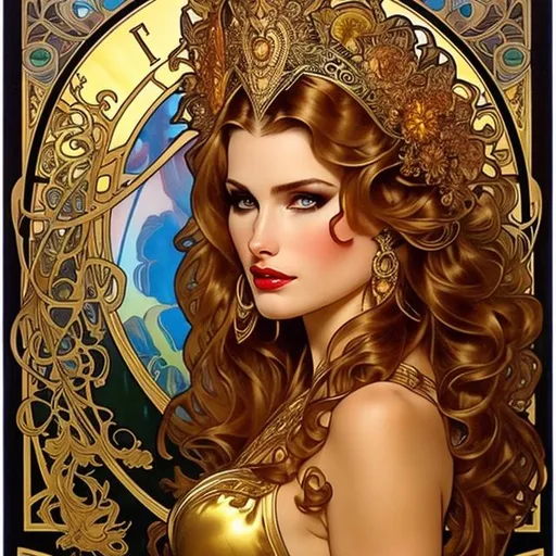 Prompt: Amazonian queen, scared, golden hair, exotic, beautiful, Alphonse Mucha, j. Scott Campbell, Joyce ballantyne 