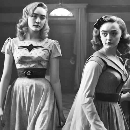 Prompt: Saoirse Ronan and Olivia Cooke as 1950s era superheroines.