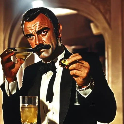 Prompt: james bond with a thick 70s style mustache holding a martini played by sean connery with a thick mustache.