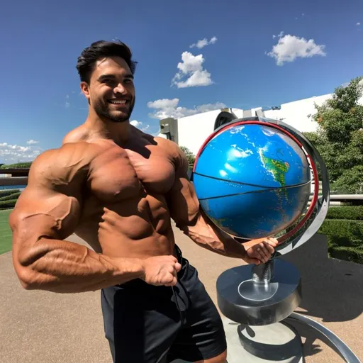 Prompt: A giant  muscular man holding the globe 