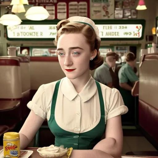 Prompt: Saoirse Ronan as a 1950s era waitress at a local diner.