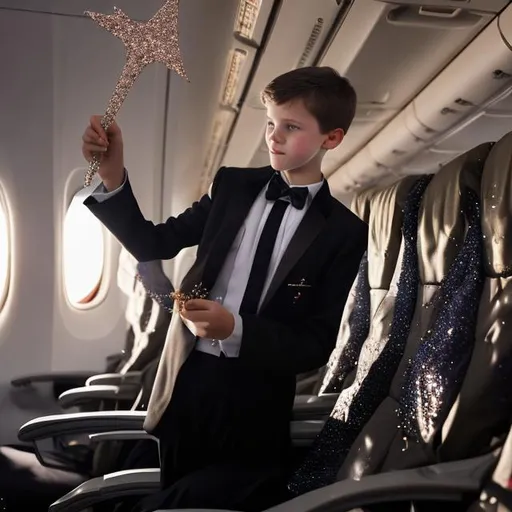 Prompt: 16 year old boy in a tuxedo standing in the aisle of an airplane casting a sparkly magic spell on an airplane seat with his magic wand