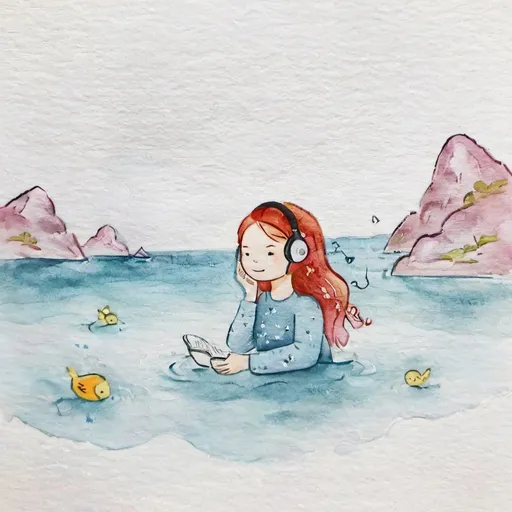 Prompt: A redhead girl listening to mindful music in the sea.