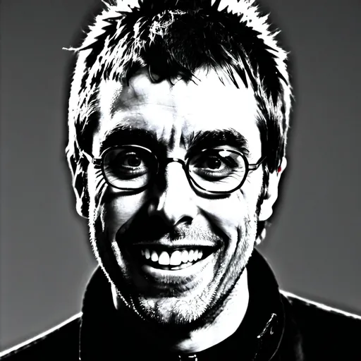 Prompt: A black and white dynamic photo of Liam Gallagher laughing.
Head and shoulders only.