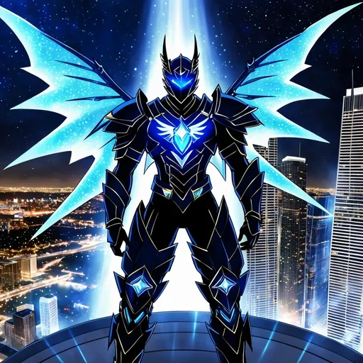 Prompt: anime, an evil, stount, heroic, all white spiked fully dragon armored ninja with a glowing blue gem in his chest and knees, with glowing blue luminescent see through wings made of blue energy with small golden sparkles twinkling around them, standing at the edge of a skyscraper looking down at austin