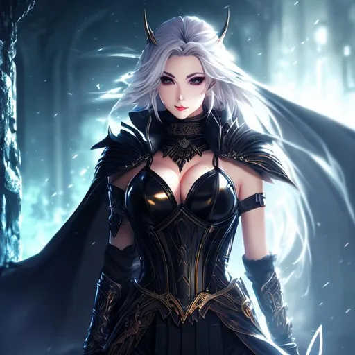 Prompt: Anime Splash art, full body, dark fantasy atmosphere, beautiful busty woman, fantasy, blond hair, black leather armor, hooded cloak, bra, high contrast, by wlop