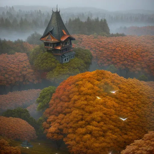 Prompt: surreal concept art of a strange winged cabin flying in an autumnal forest, foggy, gloomy, lots of details, intricate scene, correct, digital painting, fine tuned,  64k