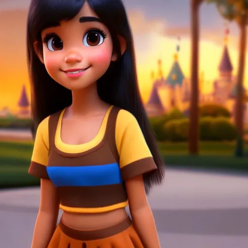 Prompt: Disney, Pixar art style, CGI, Mexican girl with long straight black hair, tan, sturdy body, big eyebrow, strong chubby  body, tween girl, slightly ugly