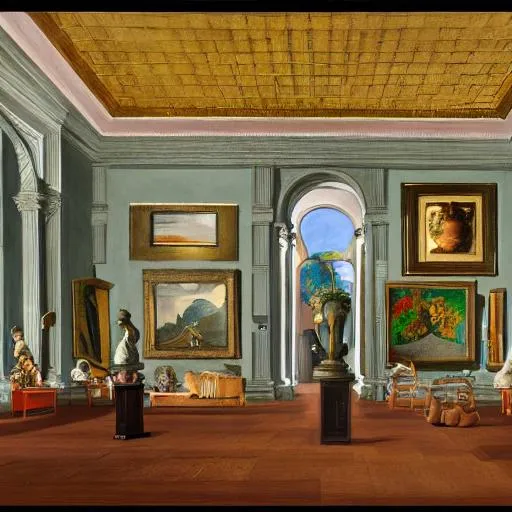 Prompt: an achingly beautiful print of the interior of a posh art museum with framed masterpieces covering the walls, potted plants, and classical antiquities in niches by Raphael, Hopper, and Rene Magritte. detailed, romantic, enchanting, trending on artstation. size: 3840x2160px