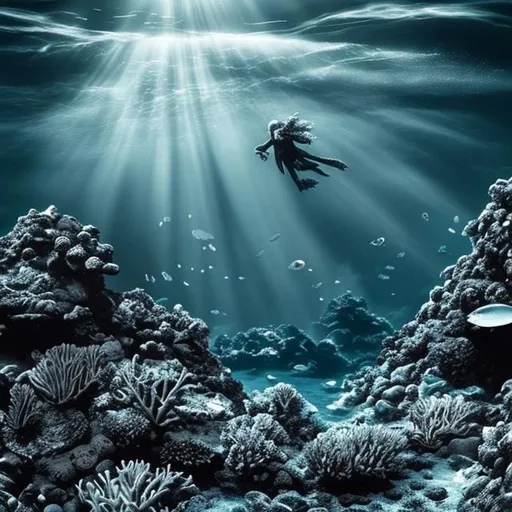 Prompt: large colorless Ocean and Underwater: Create underwater scenes with marine life, corals, and seascapes, 