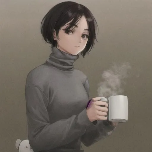 Prompt: A bird wearing a grey turtleneck holding with a mug of hot chocolate 