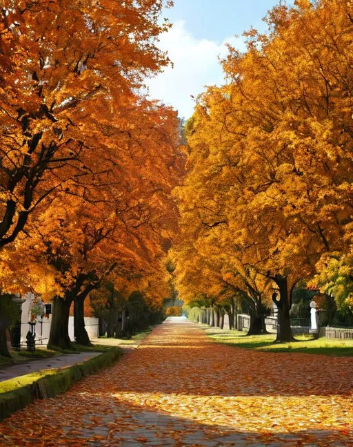 Prompt: rococo styled city in mid-afternoon. It is autumn and the ground is covered with brightly colored leaves.