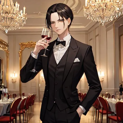 Prompt:  Levi Ackerman wearing a suit with one hand holding a glass of wine in a glamorous ballroom with chandeliers and lights and people around