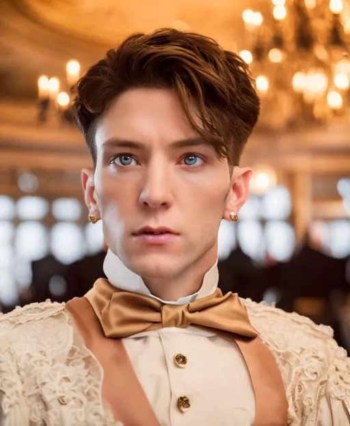 Prompt: A very realistic color photo of a handsome 30 year old man with sharp features wearing Victorian era black suit and a red bow tie standing far away in a ballroom. We can see his whole body in the picture from his head to his feet facing the camera.