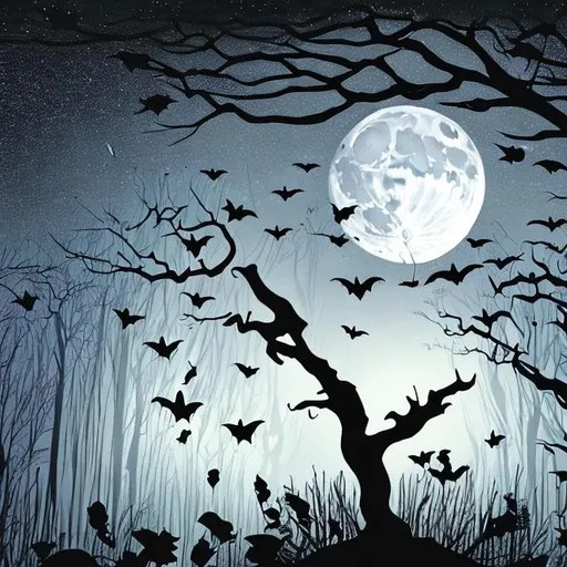 Prompt: Full moon over forest with bats and an owl in flight. 