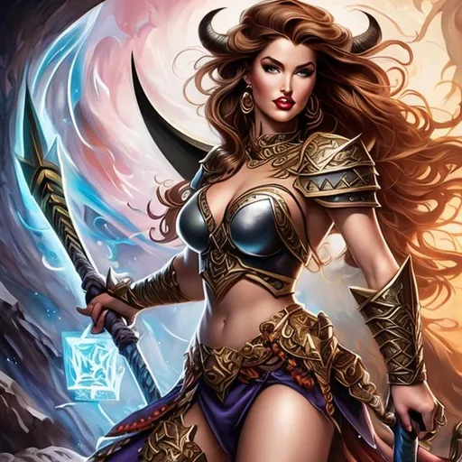Prompt: full body pinup of a  female dungeons and dragons barbarian with wild hair and with beautiful face, perfect composition,, by j. scott campbell and boris vallejo and alex ross,  graffiti art, splash art, street art, spray paint, oil gouache melting, acrylic, high contrast, colorful polychromatic, ultra detailed, ultra quality, CGSociety, depth of field, 3d render, unreal engine 5