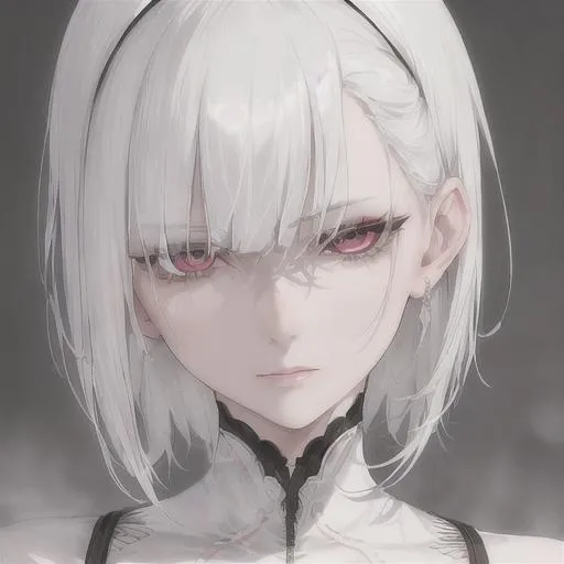 Prompt: "A close-up photo of a gorgeous short pure white haired woman, predator like eyes, in hyperrealistic detail, with a slight hint of loneliness in her eyes. Her face is the center of attention, with a sense of allure and mystery that draws the viewer in, but her eyes are also slightly downcast, as if a sense of loneliness is lingering in her thoughts. The detailing of her face is stunning, with every pore, freckle, and line rendered in vivid detail, but the image also captures the subtle emotions of loneliness that might lie beneath her surface." Wearing a black night gown