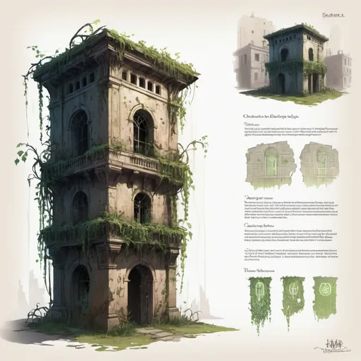 Prompt: (character design sheet) "An ancient, dilapidated building hidden deep within a city, covered in vines and surrounded by a faint, eerie glow. The crumbling walls are marked with glowing, strange symbols. The atmosphere is tense and foreboding, hinting at the presence of something powerful and dangerous."