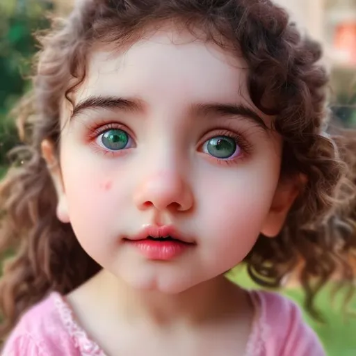 Prompt: Girl with emerald eyes, curly hair, juicylips, chuppy send cute cheeks,  white skin, little magolian face