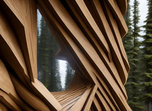 Prompt: ((masterpiece, best quality)),A detailed 8k closeup photograph of an abstract and dream-like sculpture/architecture made out of spruce wood and in-between the cracks in the wood is a portal to space,ultra realistic, concept art,((highly detailed)), geometric shapes, impossible shapes, confusing