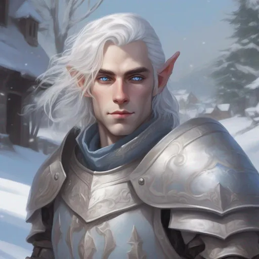 Prompt: DND a pale male elf with medium length wavy white hair and pale blue eyes wearing plate armor in a snowy village