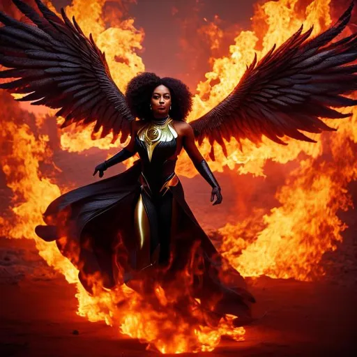 Prompt: Photo of black female human Phoenix rising up out  of the ashes, cinematic lighting, movie poster