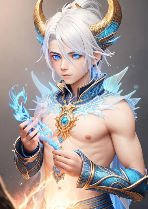 Prompt: intricate crystalized blue dragon horns, ombre white hair, glowing runic eyes, unique colored eyes, 14yo boy, handsome boy, intricate clothes, glowing wings of fire, fantasy, DnD mage, caught on blue fire, blue burning luminescence, blue fire burning on body, concept art, 4k, HDR, symmetrical, fullbody, ((full body)) {{good looking}} {{cute}} {{good body}} {{tight}}, {{shadows}}, 