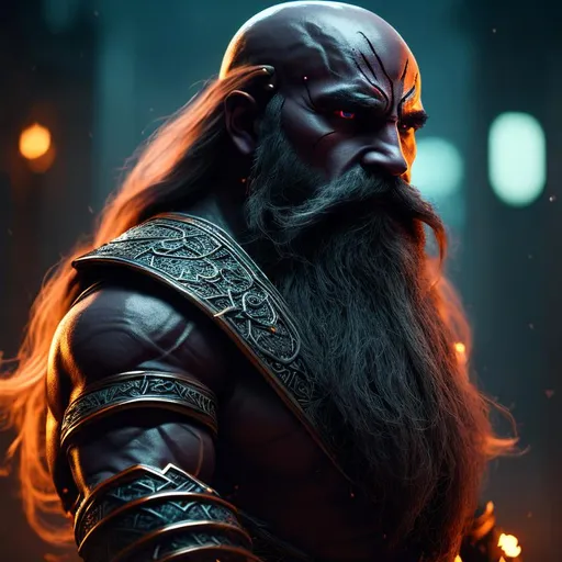 Prompt: fearsome male duergar, dark dwarf, warrior, moustache, long white pale hair, bloody, glowing rune tattoos, detailed face, big scared face, elegant, mesmerizing , glorious, cinematic light, hd octane render, high resolution scan, masterpiece, hyperrealism, delicate detailed complex, sophisticated, vibrant colors, highly detailed, intricate detailed, volumetric lighting, light reflection 