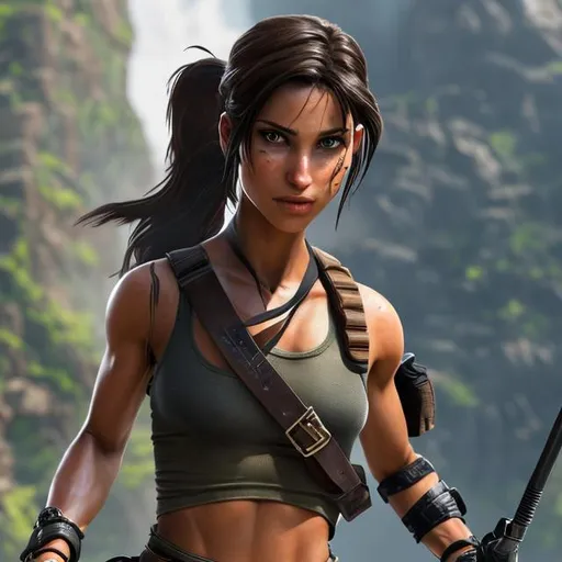 Prompt: Lara croft, detailed eyes, long ponytail, epic pose, full body image, flat stomach, tank top, athletic legs, boots, wearing a small backpack and arm band, pistol in drop-leg holster, symmetrical face, large brown eyes, shows legs, looking away from camera