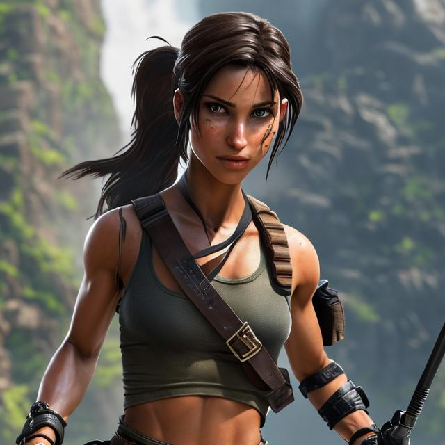 Lara croft, detailed eyes, long ponytail, epic pose,...