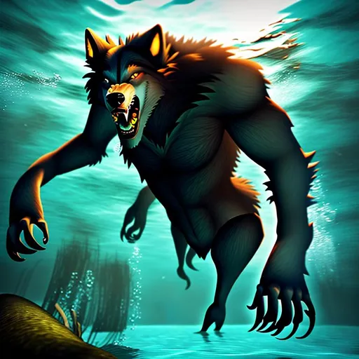 Prompt: Werewolf swimming underwater