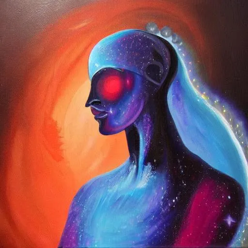 Prompt: A painting of a an AI pretending to be god