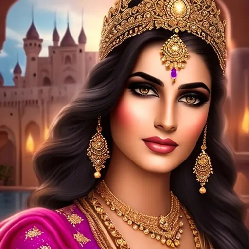 Prompt: Nathi as a Princess of Rajasthan, detailed beauty face, detailed beauty eyes, surreal beauty, soft light, surrounded by Castle in Prince of Persia, long shot
