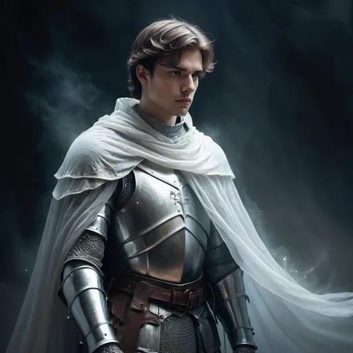 Prompt: Fantasy illustration of a beautiful, young, sad male knight ghost, ethereal and transparent, flowing cape and armor, haunting expression, misty and dreamlike atmosphere, high quality, fantasy, ethereal, ghostly, flowing cape, haunting expression, misty atmosphere, dreamlike, detailed armor, male, beautiful, sad, atmospheric lighting