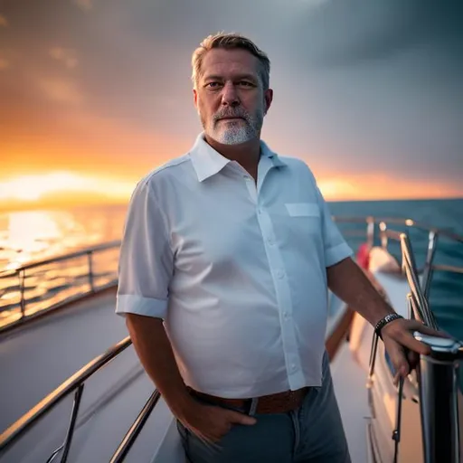 Prompt: Create a portrait of a middle-aged man standing on the deck of a yacht at sunset. Use a Canon EOS R5 camera with a 100mm lens at F 1.2 aperture setting to blur the background and isolate the subject. The ocean and sunset should be visible in the background, with warm, golden light falling on the man’s face. Use a dreamlike lighting effect to create a serene and peaceful image. credits to tipseason.com. Use photorealism mode turned on to capture the man’s rugged yet sophisticated personality.