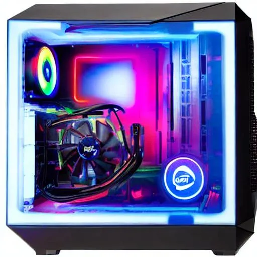 Prompt: A Futuristic Computer with RGB , a Corsair case and an Intel CPU  with liquid Rajintek watercooling, an NVMe and NVIDIA RTX GPU