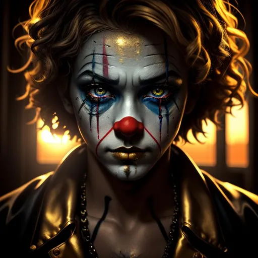 Prompt: 3D, HD, Dreamy, Horror, twisted, scary, ominous, cinematic, Psychedelic, Tragic, Weeping Sad Unhappy 3D HD Tragic Bum Dirty {Clown}Male, Beautiful big reflective eyes, sunset, ultra detailed full body artistic photography, detailed Gorgeous detailed face, shadows, oil on canvas, brush strokes, ultra sharp focus, ominous, matte painting movie poster, golden ratio, epic, intricate, cinematic character render, hyper realistic, 64K --s98500