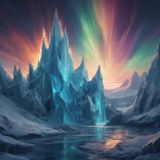 Prompt: Background: A frozen tundra with jagged ice cliffs reflecting an aurora borealis dancing across the sky.
Action: A mythical phoenix with blazing feathers of fire and ice bursts from a crystalized volcano, its flames melting the surrounding ice.
Render Style: Dynamic and luminous, with extreme contrast between fire and ice elements.
Theme: Rebirth and elemental harmony.