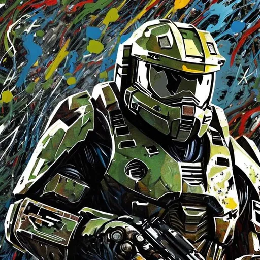 Prompt: Master Chief 
painted in the style of Jackson Pollock