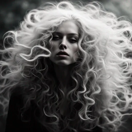 Prompt: black and white , a woman with long curly white hair, wind blowing in the hair, fog, melancholic mood, surreal and soul, blur, macabre, obscure, fantasy and horror inspiration, unreal engine, hyper realistic, photo realistic, creative, magical, mystical, ethereal, surreal, darkness, silence, dark inspiration, goth style