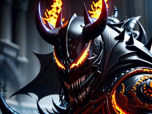 Prompt: a death knight with a Venom mouth (Venom movie), with horns on his forehead, orange fire eyes, finely detailed armor, fighting with Batman from DC comics,cinematic lighting, intricate filigree metal design, 4k, 8k,trending on artstation, octane render, full form, epic, 8k HD, sharp focus, ultra realistic clarity. Hyper realistic, Detailed face, portrait, realistic, close to perfection, wearing lorica segmentata color black , wearing carbon black fibre Armour, full body, high quality cell shaded illustration, ((full body)), dynamic pose, perfect anatomy.