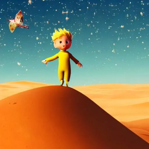 Prompt: The little prince sits on a desert dune next to 1 rose. There is 1 star in the sky and an old airplane flying