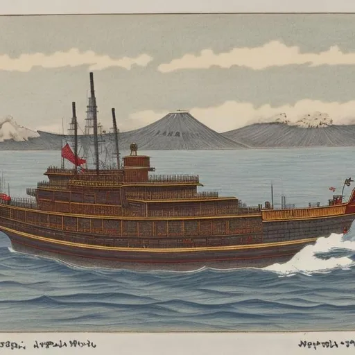 a coloured drawing of an imperial japanese boat on a...