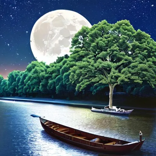 Prompt: A boat in a river going towards a magnificent beautiful tree, moon in the sky