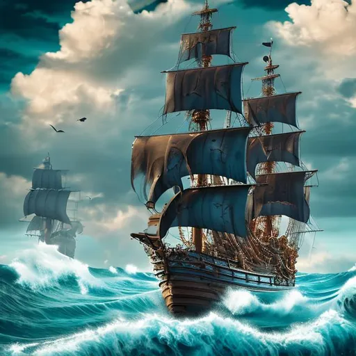 Prompt: 1600s style european pirate ship in the middle of the ocean light blue sky waves high resolution 4 art