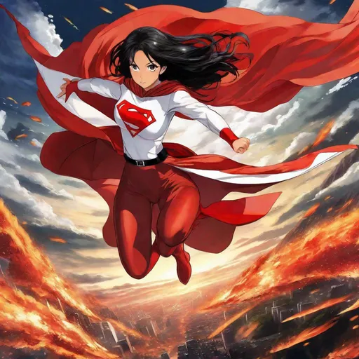 Prompt: anime art, young Indonesian woman, 25 year old, (round face, high cheekbones, almond-shaped brown eyes, small delicate nose, long flowing black hair), red and white superhero costume, mask, flying, mid-air, dynamic pose, background exploding volcano, tropical scene, Japanese manga, Pixiv, Fantia
