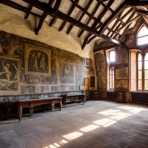 Prompt: 15th century, manor house, great hall, window, wood beams, faded mural, low roof, long
