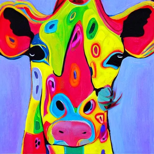 Prompt: A bright, vibrant, dynamic, spirited, vivid painting of a dairy cow with a giraffe pattern. 